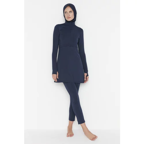 Trendyol Navy Blue Long Sleeve Performance Knitted 4-Piece Hijab Swimsuit Set
