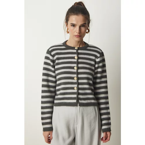 Happiness İstanbul Women's Gray Metal Button Detailed Striped Knitwear Cardigan