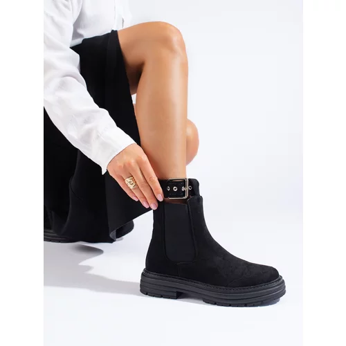 SHELOVET Black suede ankle boots with buckle