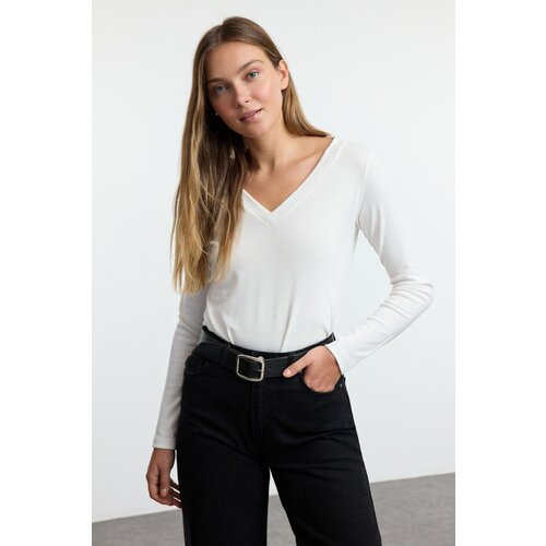 Trendyol White V-Neck Regular/Normal Fit Knitted Blouse Slike