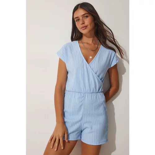 Happiness İstanbul Women's Sky Blue Knitted Jumpsuit with Wrapover Collar
