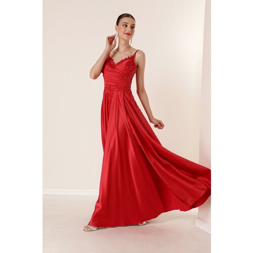 By Saygı Lined and Draped Long Satin Dress with Beading Guipure Details with Rope Straps Slike