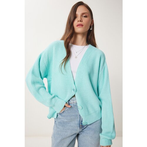 Happiness İstanbul Women's Aqua Green V-Neck Buttoned Knitwear Cardigan Cene