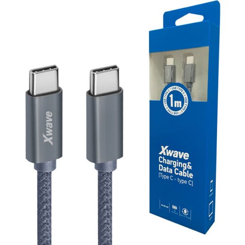 X Wave kabl tip-c mu&amp;scaron;ki na tip-c mu&amp;scaron;ki 1M 3A 5Gbps,upleteni,tamno sivi Slike