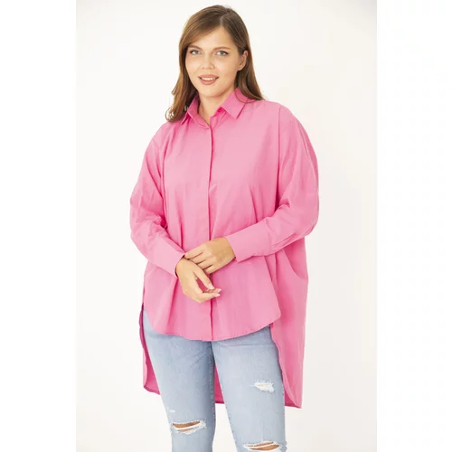 Şans Women's Plus Size Pink Front Buttoned Back Long Shirt