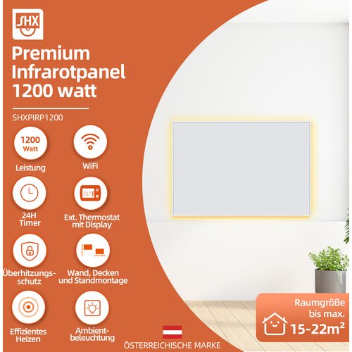 SHX PIRP1200 Infrardeci grelni panel WIFI s aplikacijo, 1200 W, 15-22 m&amp;sup2;, montaža na steno in strop Slike