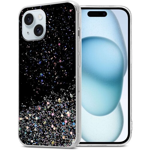 Cadorabo Ohi&amp;scaron;je, združljivo z Apple iPhone 15 PLUS in črna z ble&amp;scaron;čicami - Za&amp;scaron;čitni ovitek iz prožnega silikona TPU s svetlečimi ble&amp;scaron;čicami, (20860159) Slike