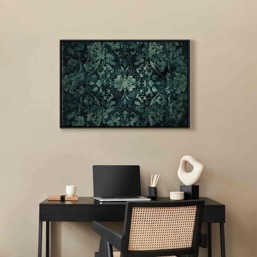  Slika - Oriental Pattern Carpet: Emerald Ornaments and Worn Patterns 60x40 U crnom drvenom okviru Slike