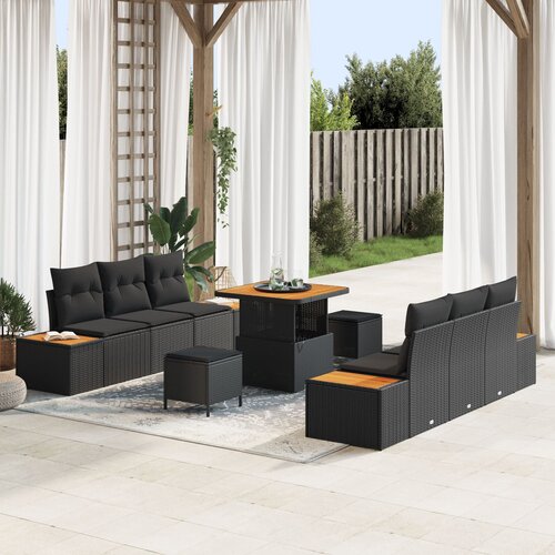 vidaXL 9-dijelni vrtni sofa set s jastučićima crni poli ratan akacija, 3-dijelni vrtni stolni set s jastučićima crni poli ratan akacija Cijene