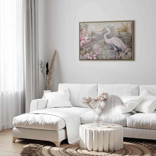  Slika - Heron wading in a pond - illustration in bright colours 60x40 U prirodnom drvenom okviru Slike