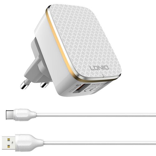  Kućni punjač LDNIO A1204Q Quick Charge 3.0 USB 5V 2.4A sa type C kablom beli Slike