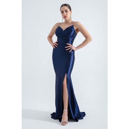 Lafaba women's navy blue stone strap long evening dress Cene