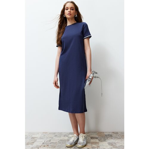 Trendyol Navy Blue Knitwear Band Detail Crew Neck Short Sleeve Stretchy Midi Knitted Dress Slike