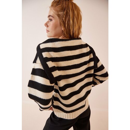 Happiness İstanbul Women's Black Cream Polo Collar Striped Knitwear Sweater Slike