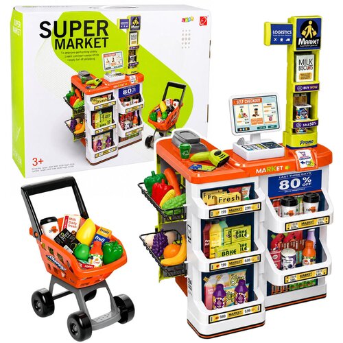  Velik voziček za blagajno v supermarketu s skenerjem, dodatki, lučmi in zvoki, 60 kosov. Slike