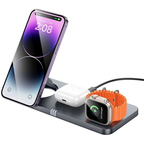 Hoco bežični punjač 3u1 sklopivi kompatibilan sa magsafe i apple watch 3A 15W CQ22 sivi Cene