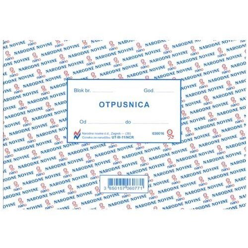 NARODNE NOVINE-UT III-11/NCR OTPUSNICA; Blok 3 x 50 listova, 17 x 12 cm Slike