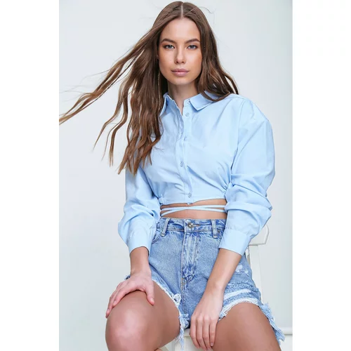 Trend Alaçatı Stili Women's Blue Lace-Up Crop Poplin Shirt