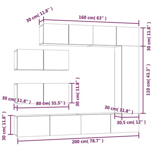 VidaXL Komplet TV omaric 7-delni siv sonoma konstruiran les Slike