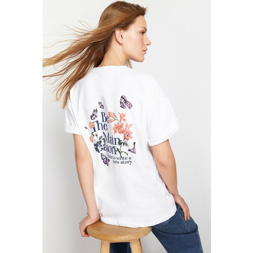 Trendyol White 100% Cotton Back and Front Printed Oversize/Wide-Fit Knitted T-Shirt Cene