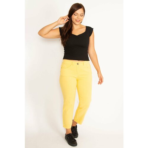 Şans Women's Large Size Yellow 5 Pocket Jeans Trousers Cene