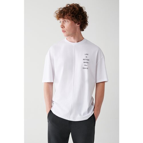 Avva men's white oversize 100% cotton crew neck slogan printed t-shirt Slike