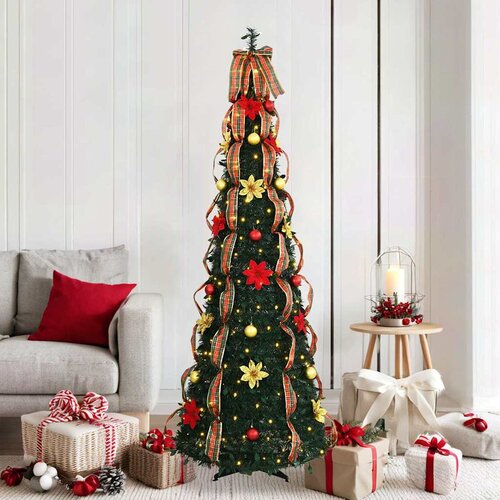 VidaXL Umestno božično drevo med 150 LED z stojalom Zelena 180 cm PVC Slike