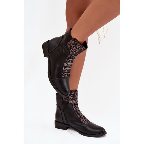 Boto Insulated women&amp;#039;s ankle boots flat heel flowers black Labise Slike