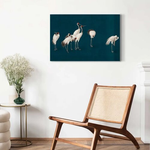  Slika - Evening by the pond - a group of cranes drawn in dry pastel on a dark turquoise background 30x20 Standard Cene
