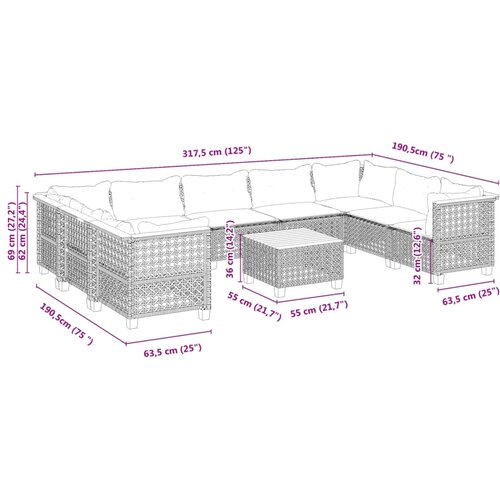  10-dijelni set vrtnih sofa s jastucima crni od poliratana Crna 55 x 55 x 36 cm Slike