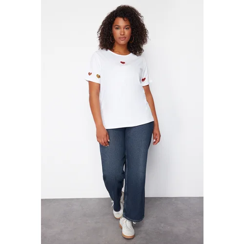 Trendyol Curve White Cut Out Detailed Colorful Heart Embroidery T-Shirt