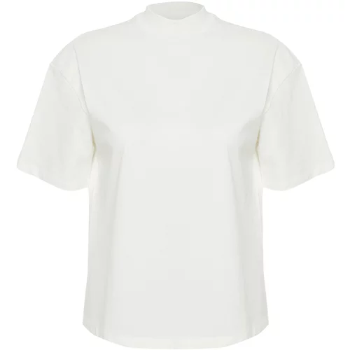 Trendyol White 100% Cotton High Neck Three Quarter Sleeve Knitted T-Shirt