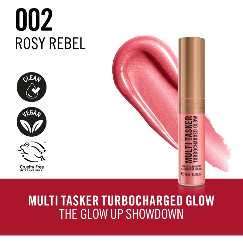 Rimmel London Multi-Tasker Turbocharged Glow tekoči osvetljevalec odtenek 002 Rosy Rebel 10 ml Slike