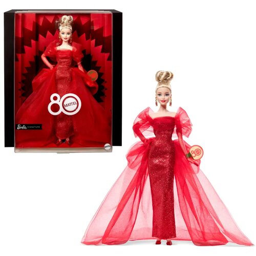 Barbie Podpisana zbirateljska lutka za Mattelovo 80. obletnico, ble&scaron;čeča rdeča obleka iz tila, svetli lasje - 1 k. Cene