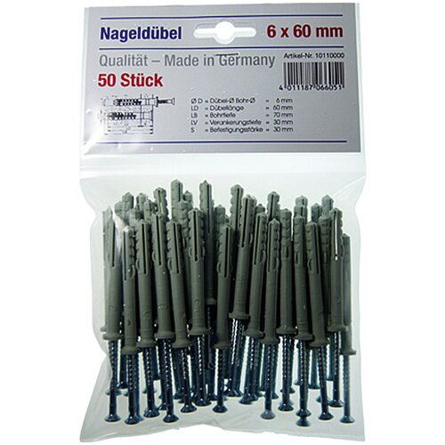 Komplet udarna tipla (Promjer tiple: 6 mm, Duljina tiple: 60 mm, 50 Kom., Najlon) Slike