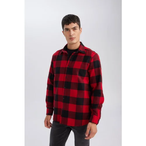 Defacto Men's Red Regular Fit Polo Collar Plaid Lumberjack Flannel Long Sleeve Shirt