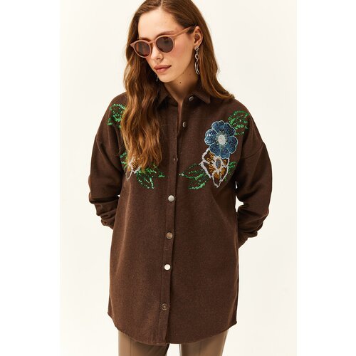 Olalook Women's Floral Dark Brown Stamp Detail Oversize Stamp Shirt Slike