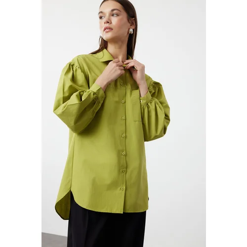 Trendyol Oil Green Balloon Sleeve Back Long Pocket Detailed Basic Woven Shirt