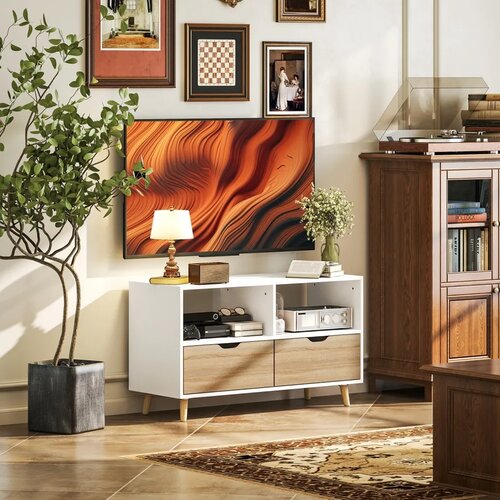  TV ormarić TV komoda s ladicama otvorene police drvo 99 x 39 x 58 cm bijela Slike