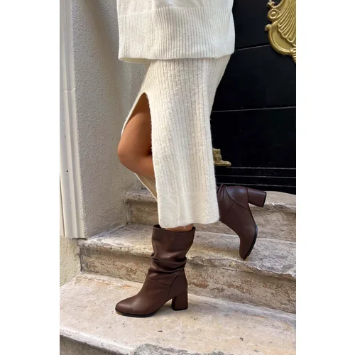 NİŞANTAŞI SHOES Rille Brown Matte Gusseted Women's Heeled Boots