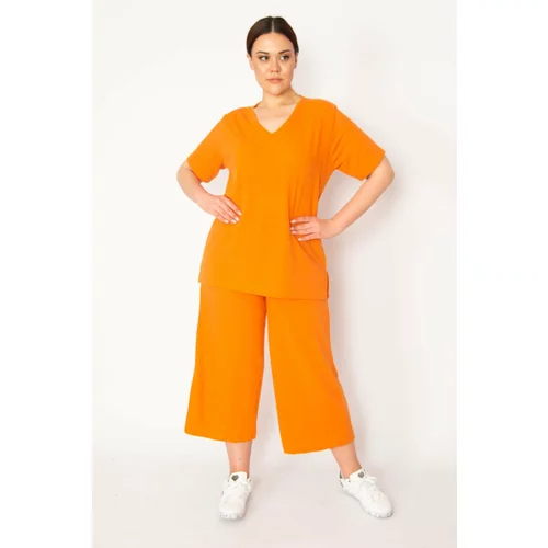 Şans Women's Orange Camisole Knitted Elastic Waist Wide Leg Trousers V-Neck Blouse Suit