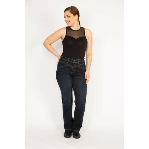 Şans Women's Navy Blue Plus Size Jeans with Cup Stitching Detail. Slike