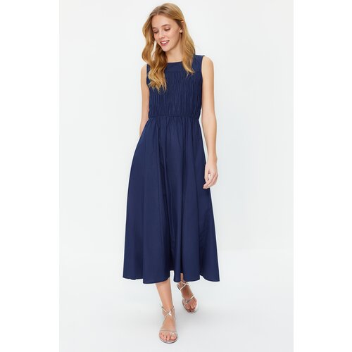 Trendyol Navy Blue Gipe Detailed 100% Cotton Poplin Woven Dress Slike