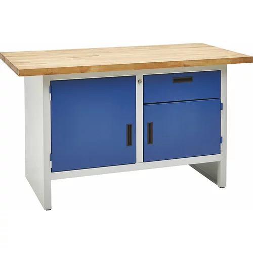 eurokraft basic Delovna miza z zaprtimi stranicami, 1 predal, 2 vrat, širina 1500 mm, svetlo sive / encijan modre barve