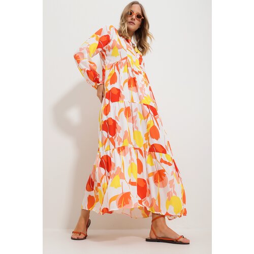 Trend Alaçatı Stili Women's Orange Big Collar Shawl Patterned Maxi Length Dress Slike