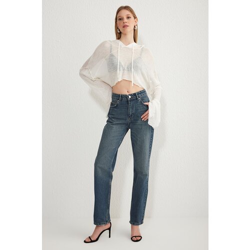 Trendyol blue high waist straight jeans Cene