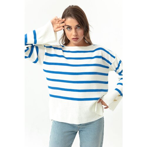 Lafaba Women's Blue Boat Collar Striped Knitwear Sweater Slike