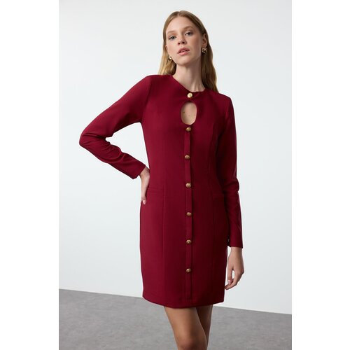 Trendyol Claret Red Straight Cut Button Detailed Crew Neck Mini Woven Dress Slike