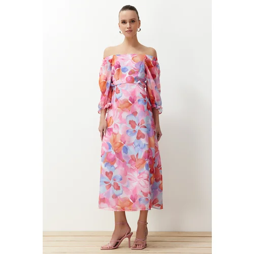 Trendyol Pink Floral Print A-line Carmen Collar Chiffon Lined Maxi Woven Dress