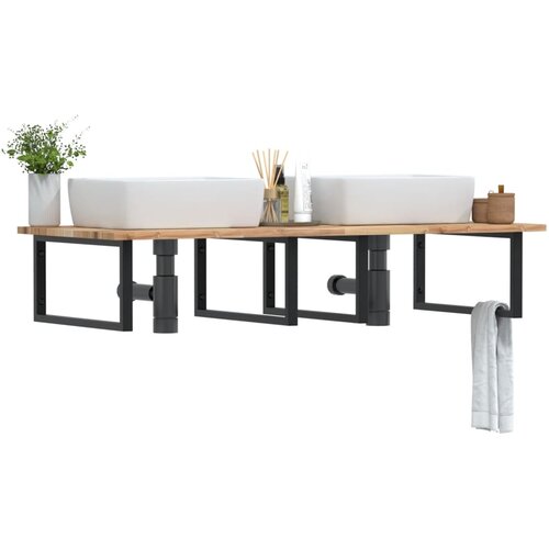  Zidna polica za umivaonik od čelika i masivnog bagremovog drva Smeđa 140 x 60 x 2 cm Slike